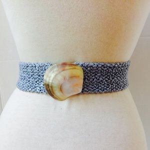Vintage Shell Blue Belt Rattan Straw Clam Buckle